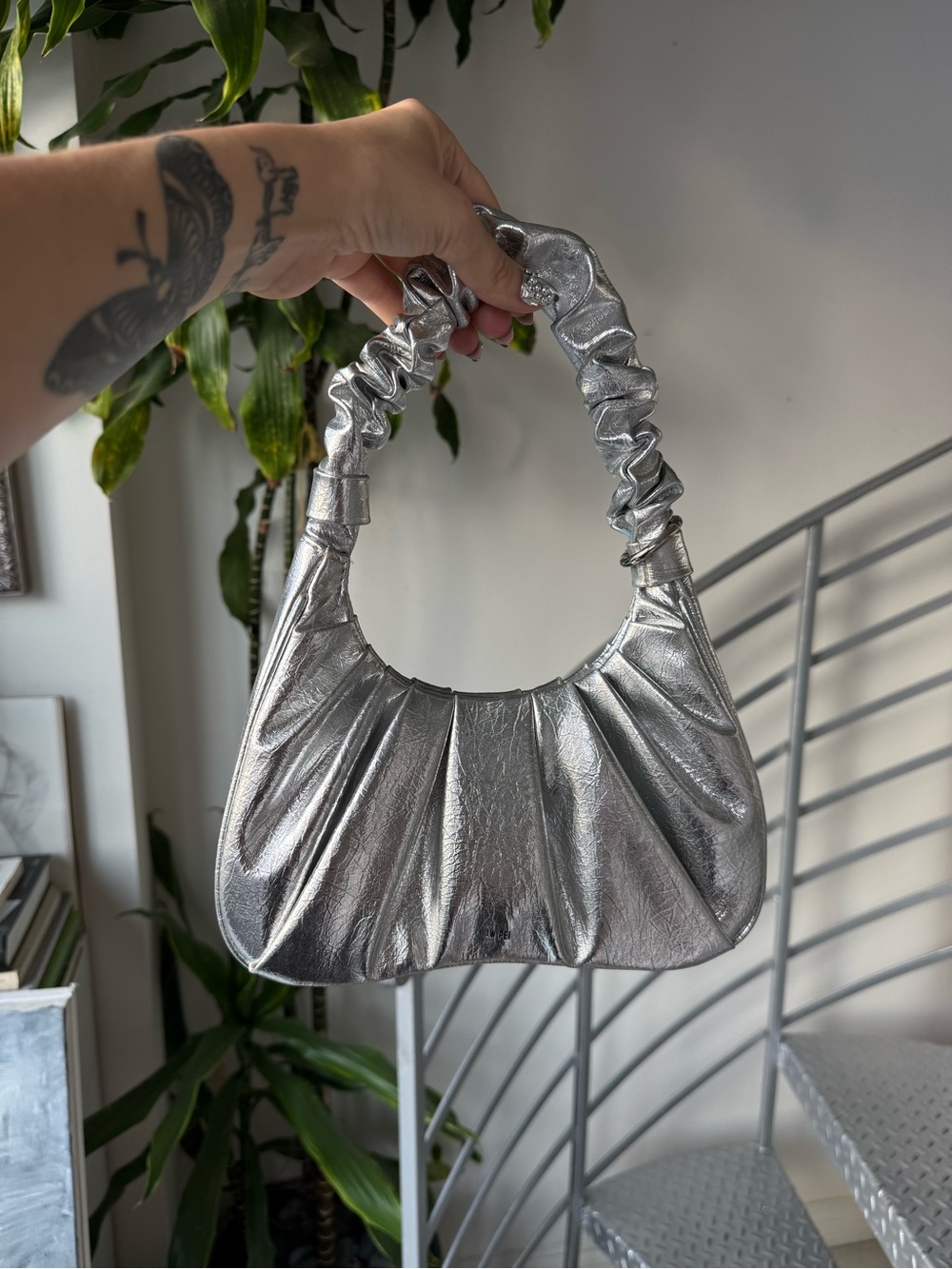 JW Pei Metallic Silver Ruched Handle Shoulder Bag